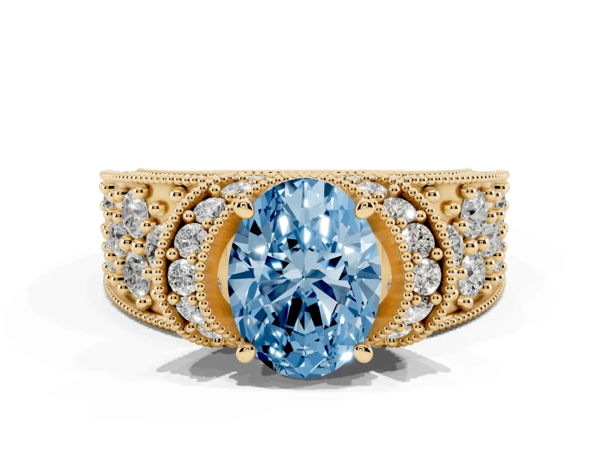 Fancy Blue Oval Cut Halo Pave Diamond Engagement Ring with Milgrain Detailing Yellow gold