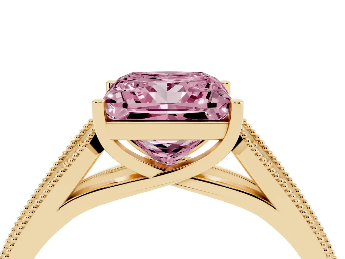 Fancy Pink Princess Cut Cut Pave Split Shank Engagement Ring with Four-Prong Setting Yellow gold
