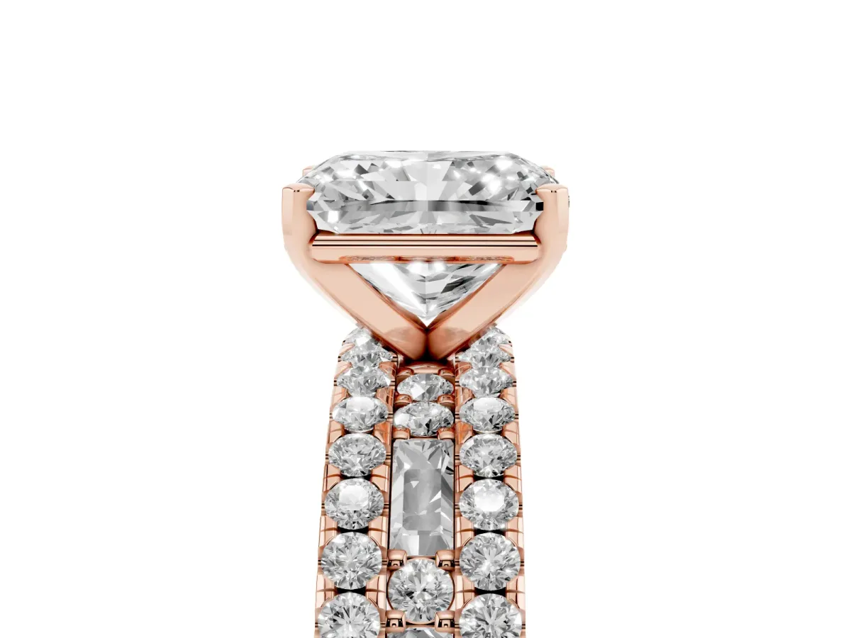 Radiant Cut Diamond Solitaire Ring with Pavé and Channel Set Band Rose gold