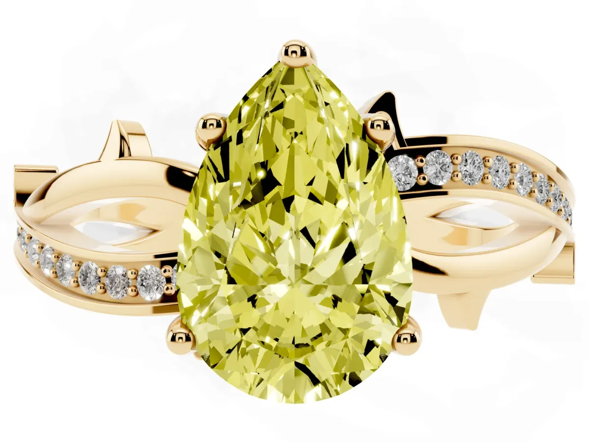 Fancy Yellow Pear Cut Solitaire Twist Band with Pavé Accents and Four-Prong Setting Yellow gold