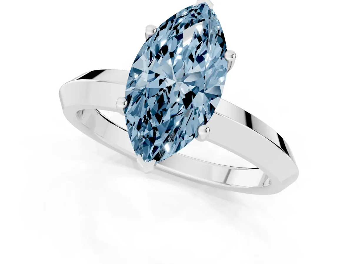 Fancy Blue Marquise Cut Cut Solitaire Engagement Ring with Flat Band and Four-Prong Setting Platinum