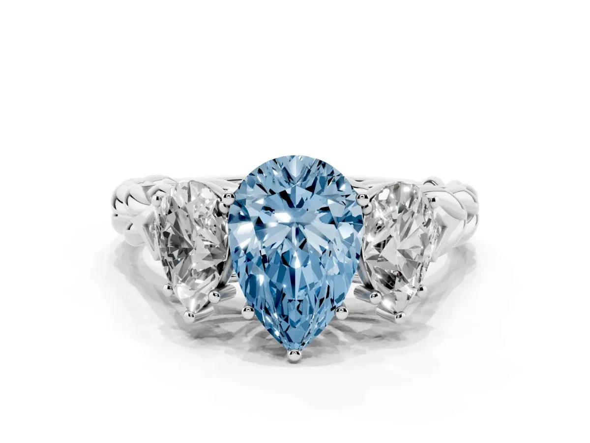 Fancy Blue Three-Stone Pear Cut Diamond Braided Band Ring with Four-Prong Setting Platinum