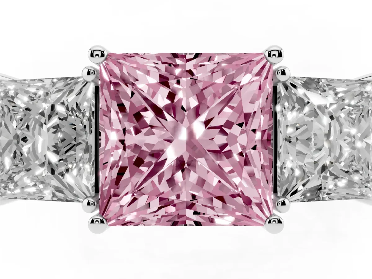 Fancy Pink Three-Stone Princess Cut Cut Diamond Engagement Ring with Flat Band and Four-Prong Setting White gold
