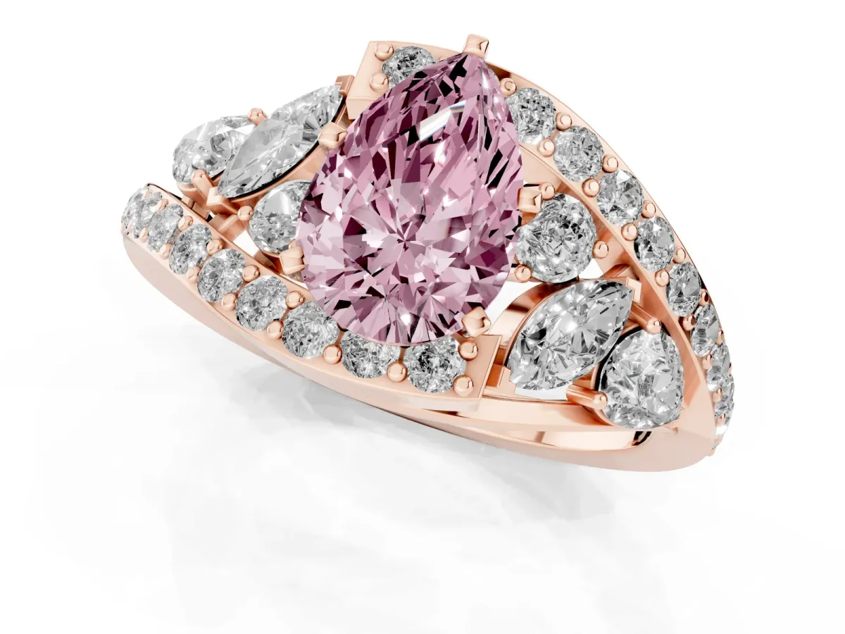 Fancy Pink Pear Cut Diamond Halo Ring with Marquise and Pavé Band in Prong Setting Rose gold