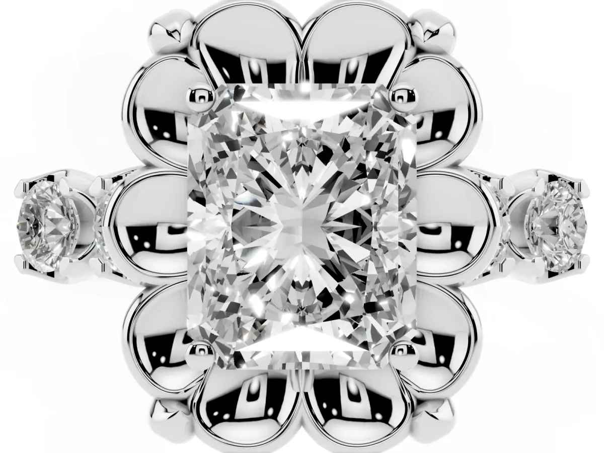Radiant Cut Cut Diamond Floral Halo Engagement Ring with Shared Prong Setting Silver