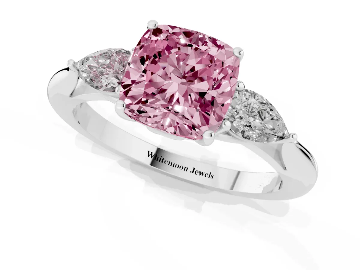 Fancy Pink Three-Stone Cushion Cut Brilliant Diamond Solitaire Ring with Tapered Band and Four-Prong Setting White gold