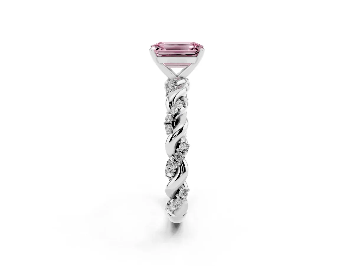 Fancy Pink Emerald Cut Diamond Solitaire Ring with Twisted Band and Pavé Accents Platinum