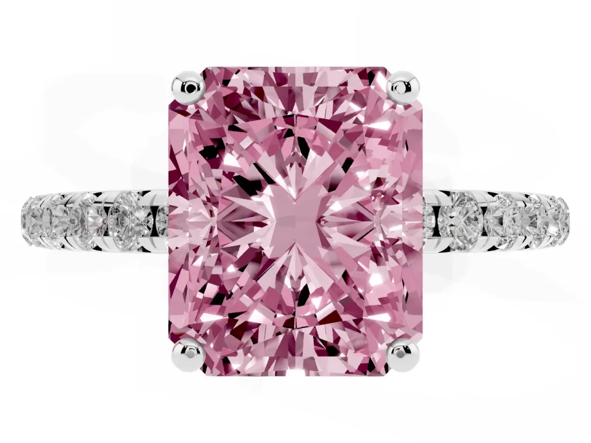 Fancy Pink Radiant Cut Cut Diamond Solitaire Ring with Micro Pave Band and Four Prong Setting Platinum