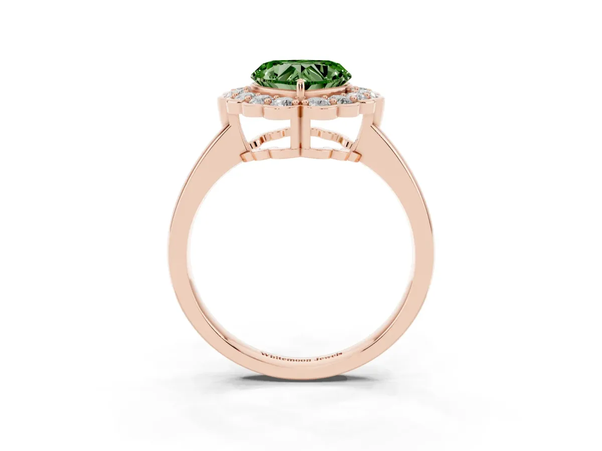 Fancy Green Heart Cut Halo Cluster Diamond Engagement Ring with Solitaire Band and Prong Setting Rose gold