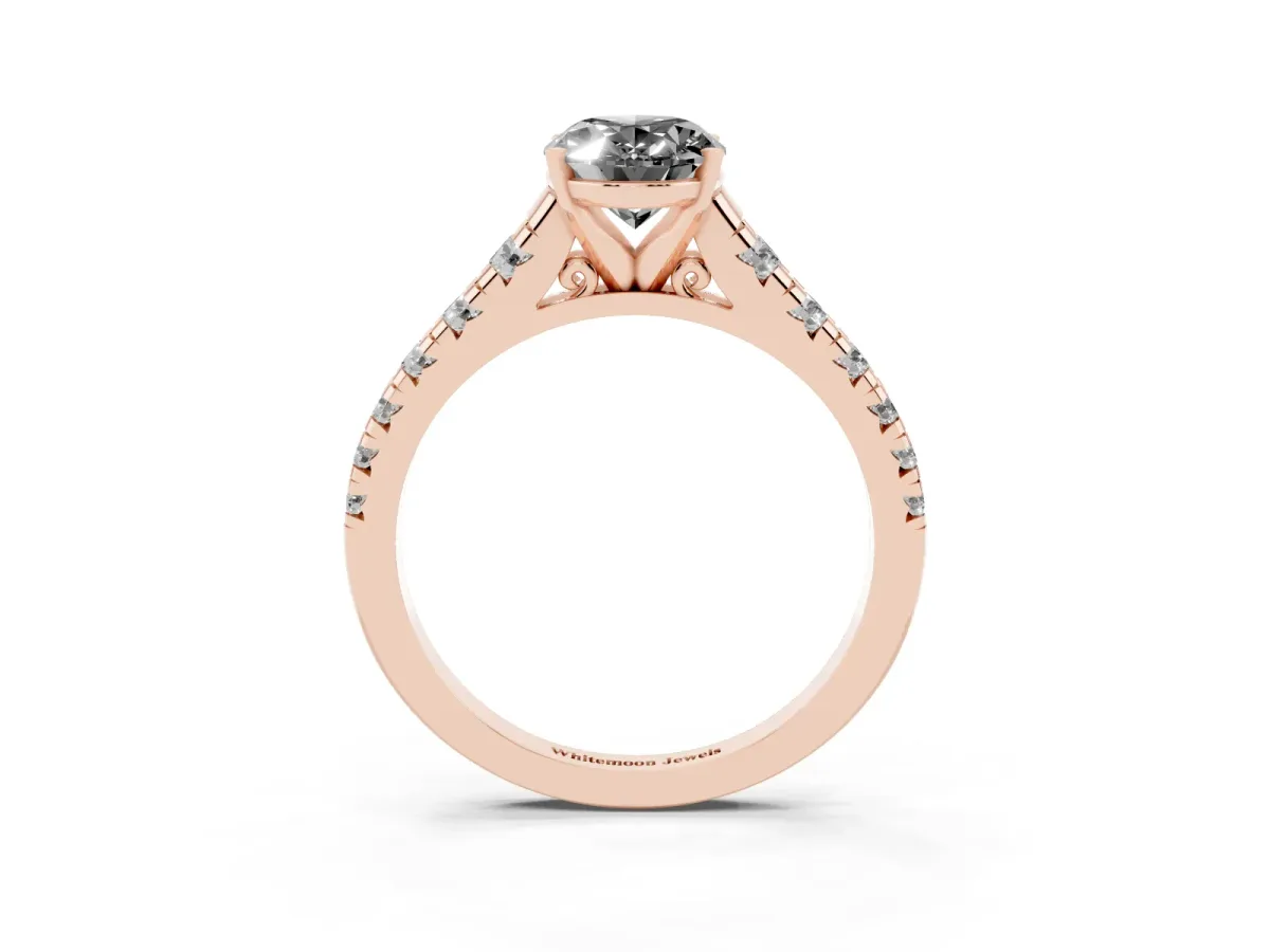 Fancy Black Oval Cut Diamond Cathedral Solitaire Ring with Round Pavé Band Rose gold