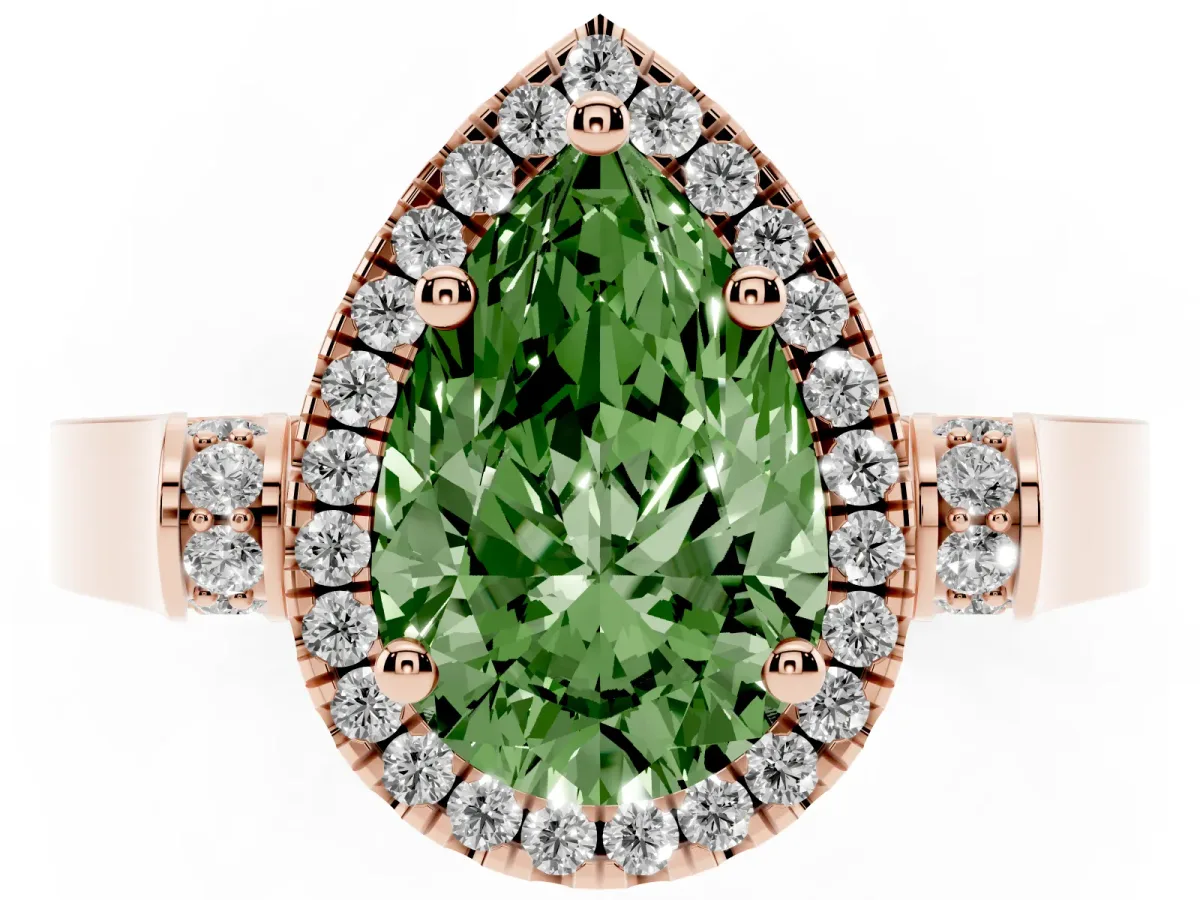 Fancy Green Pear Cut Halo Pave Split Shank Prong Setting Ring Rose gold