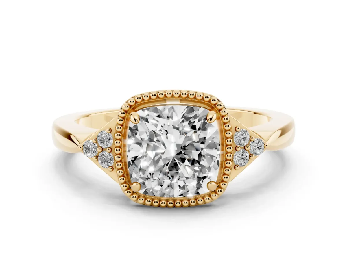 Hexagonal Halo Cushion Cut Diamond Solitaire with Pavé Band and Four-Prong Setting Yellow gold