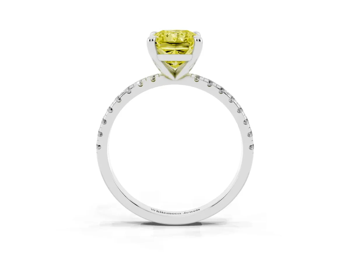 Fancy Yellow Radiant Cut Diamond Brilliant Solitaire Ring with Pavé Band and Four-Prong Setting Silver