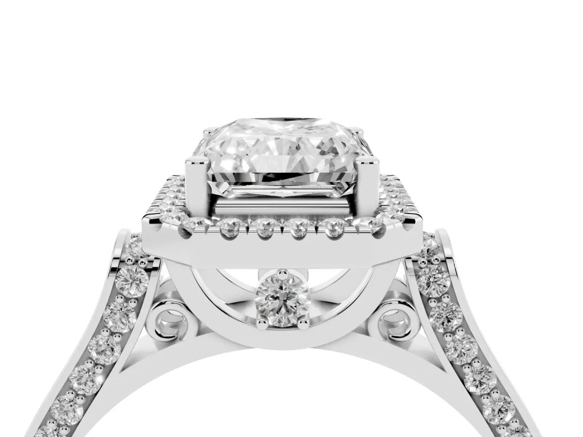 Radiant Cut Halo Pave Split Shank Prong Setting Ring Silver