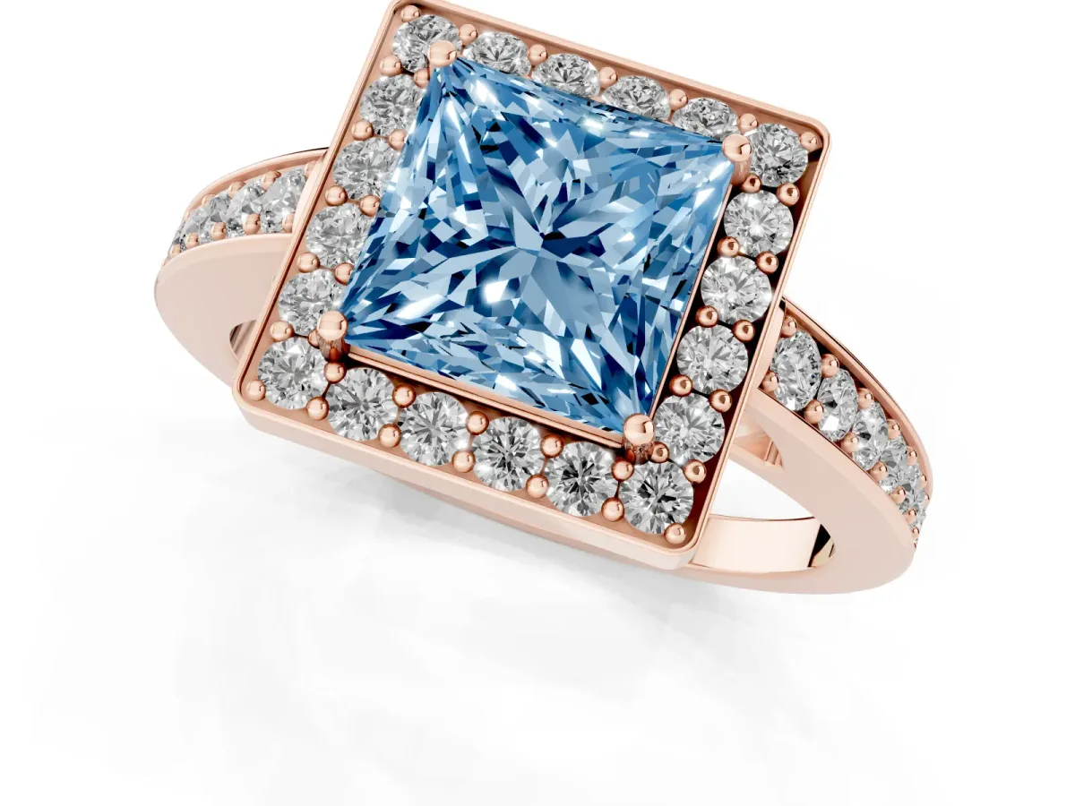 Fancy Blue Princess Cut Halo Pavé Diamond Engagement Ring with Bezel Setting Rose gold