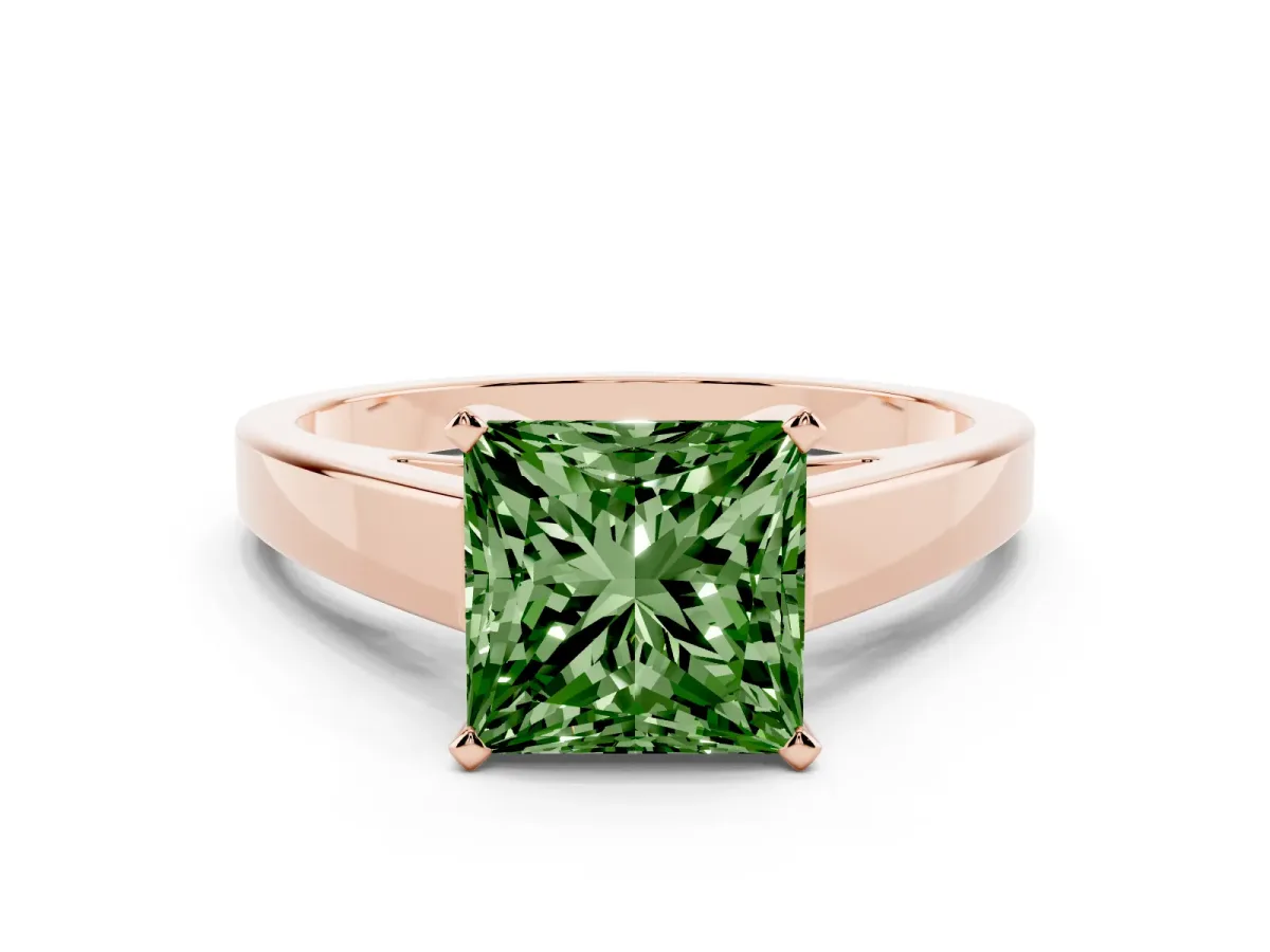 Fancy Green Princess Cut Solitaire Engagement Ring with Four-Prong Setting and Tapered Band Rose gold