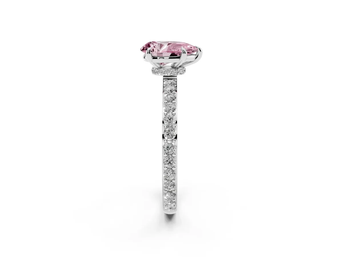 Fancy Pink Pear Cut Diamond Pavé Engagement Ring with Round Accents and Prong Setting Platinum
