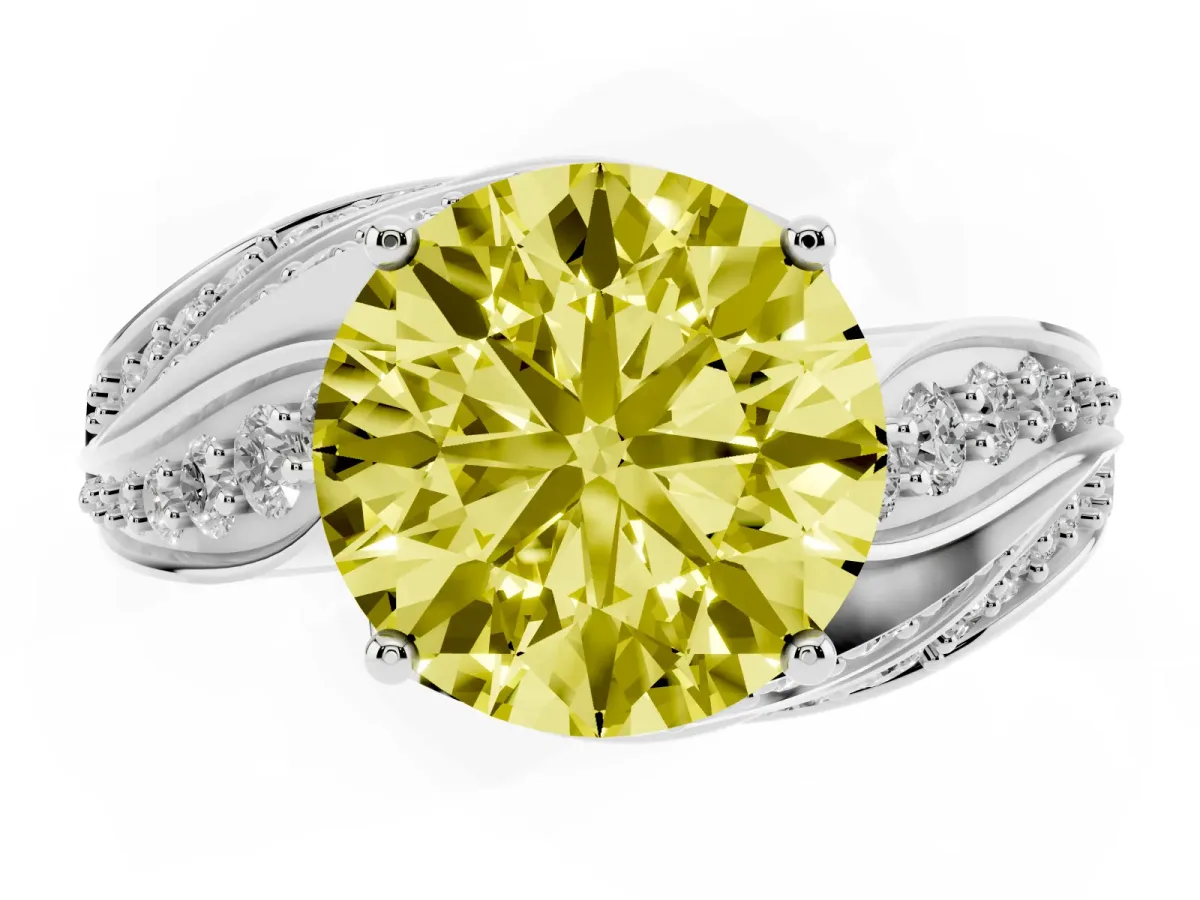 Fancy Yellow Round Cut Diamond Solitaire Ring with Prong Setting and Twisted Pavé Band Silver