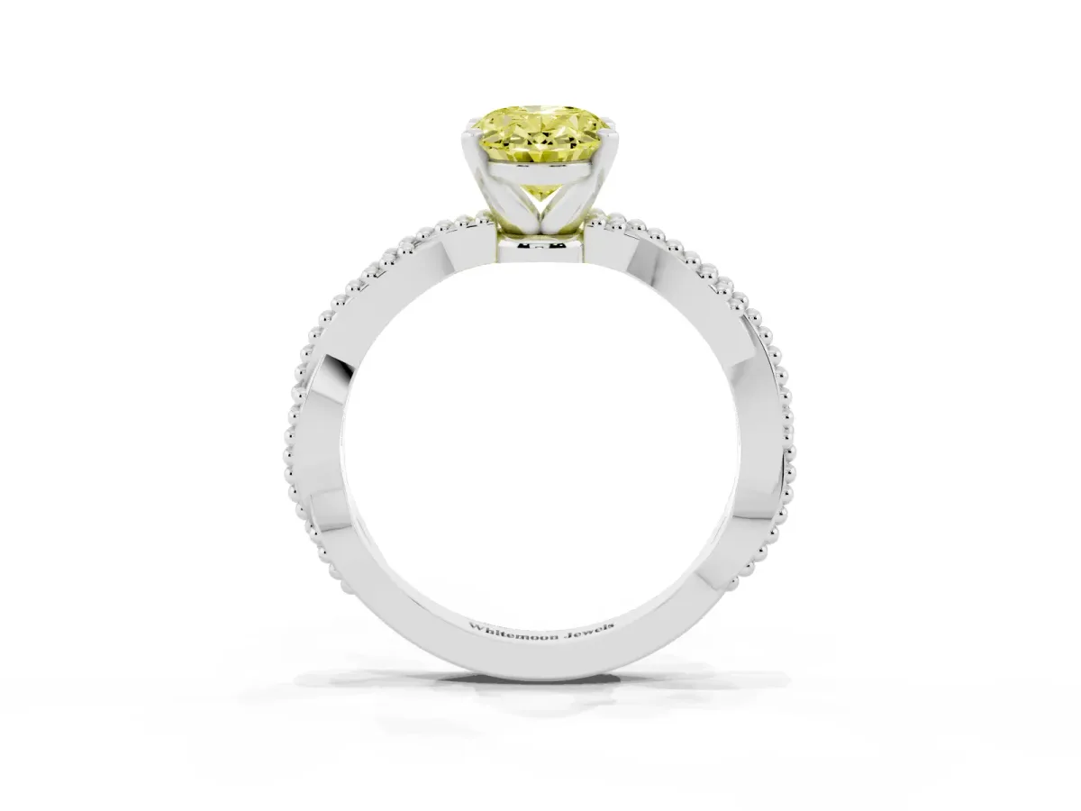 Fancy Yellow Oval Cut Solitaire Twisted Band with Bead Prong Setting Platinum