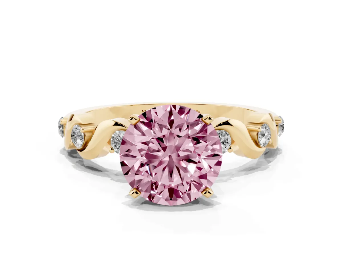 Fancy Pink Round Cut Diamond Solitaire Twisted Band with Round Accents and Prong Setting Yellow gold