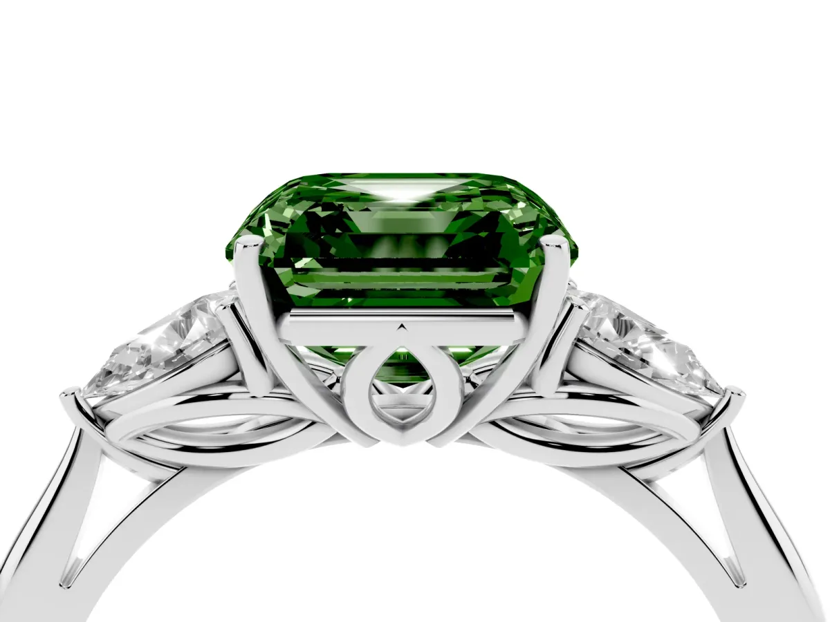 Fancy Green Asscher Cut Diamond Three-Stone Ring with Pear Side Stones and Prong Setting Silver