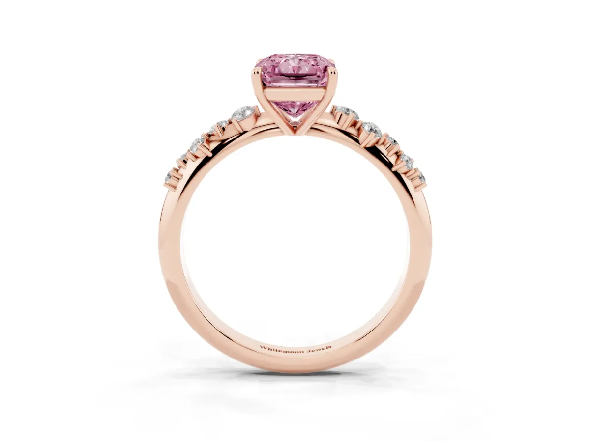 Fancy Pink Radiant Cut Diamond Cluster Side Stone Solitaire Ring with Prong Setting Rose gold