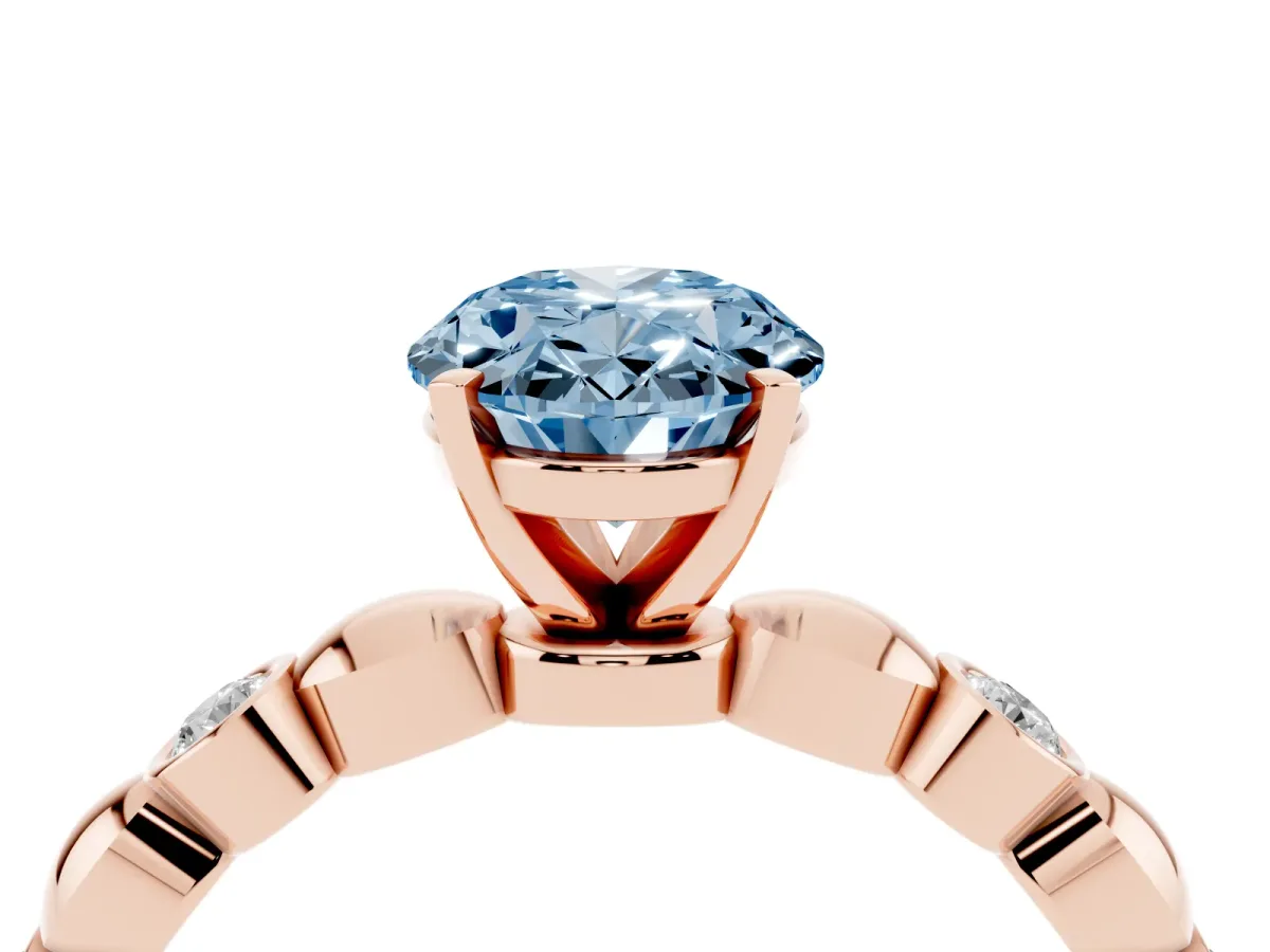 Fancy Blue Oval Cut Solitaire Bezel-Set Diamond Ring with Beaded Band and Four-Prong Setting Rose gold