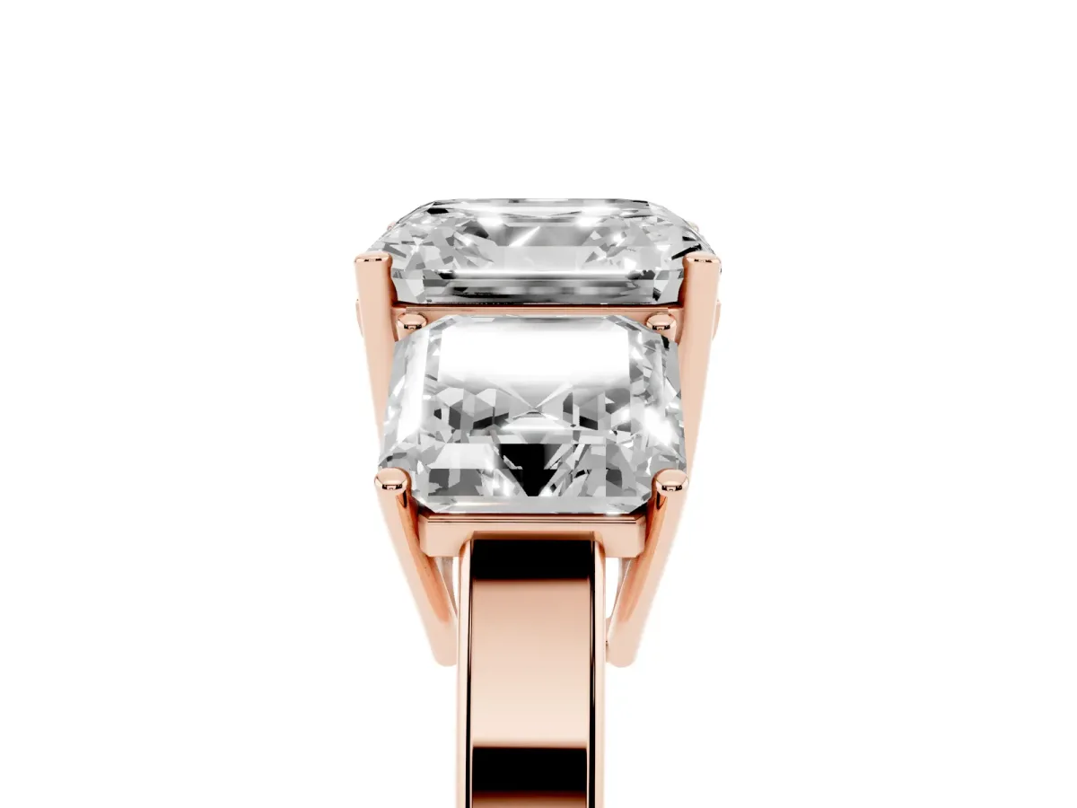 Three-Stone Asscher Cut Cut Diamond Engagement Ring with Flat Band and Four-Prong Setting Rose gold