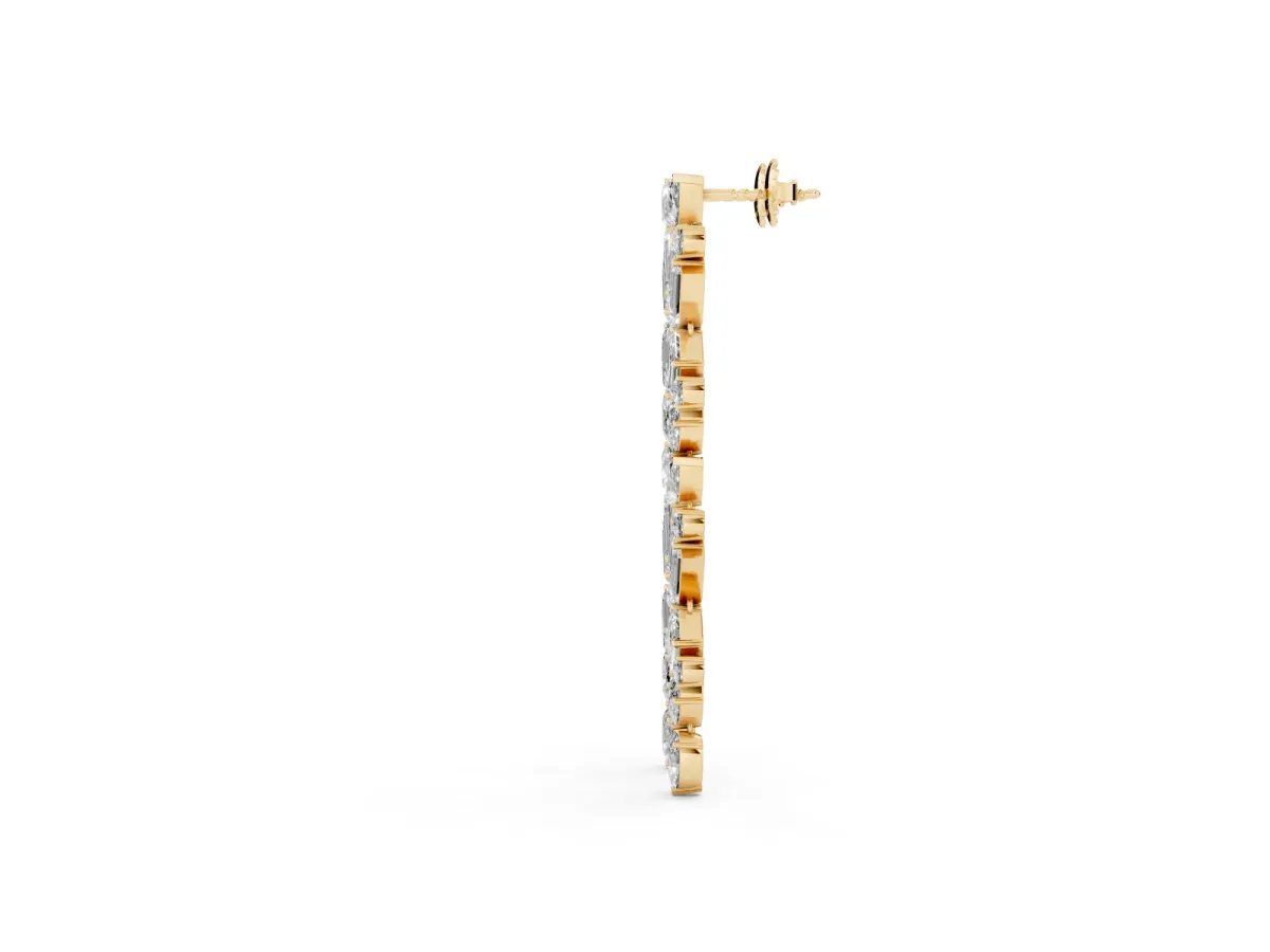 Pear, Emerald, and Round Diamond Linear Drop Earrings Yellow gold