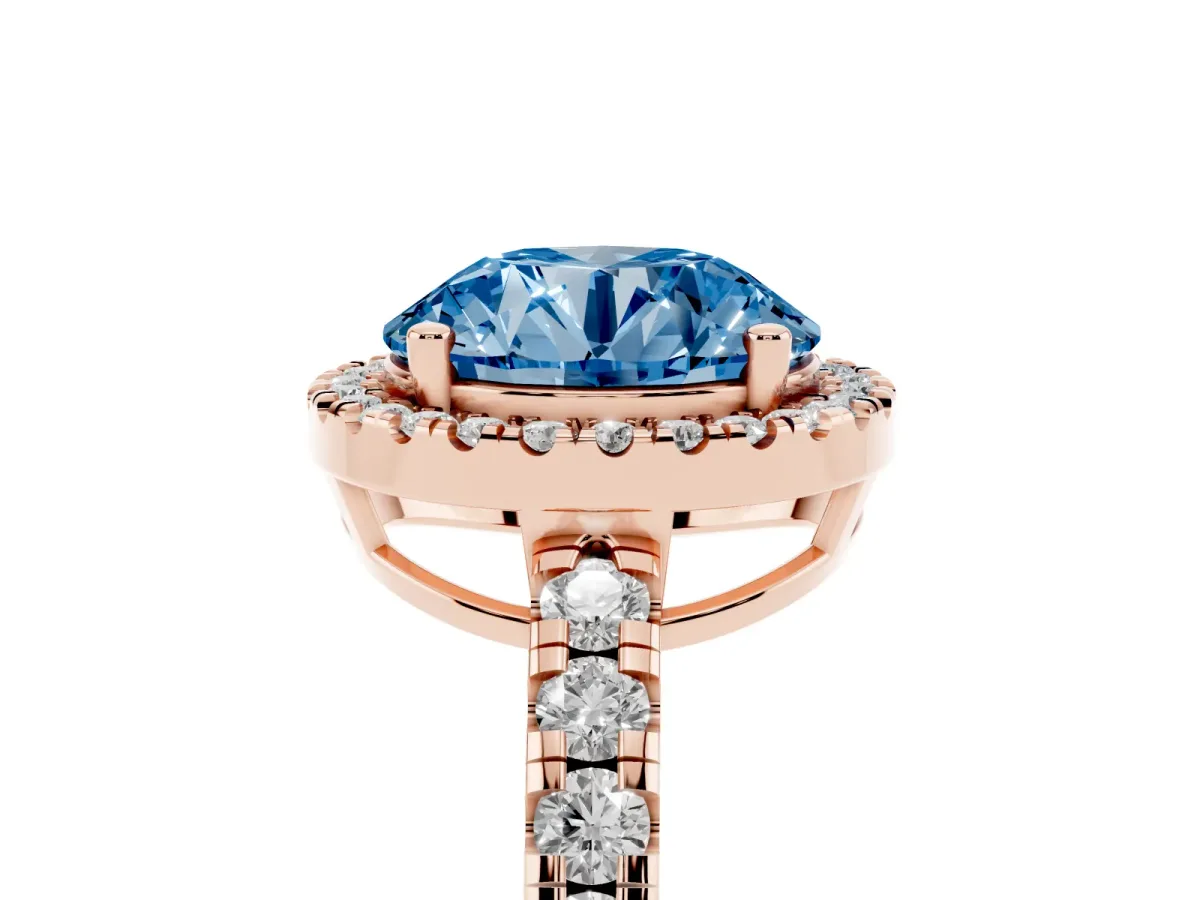 Fancy Blue Round Cut Diamond Halo Ring with Pavé Band and Four-Prong Setting Rose gold