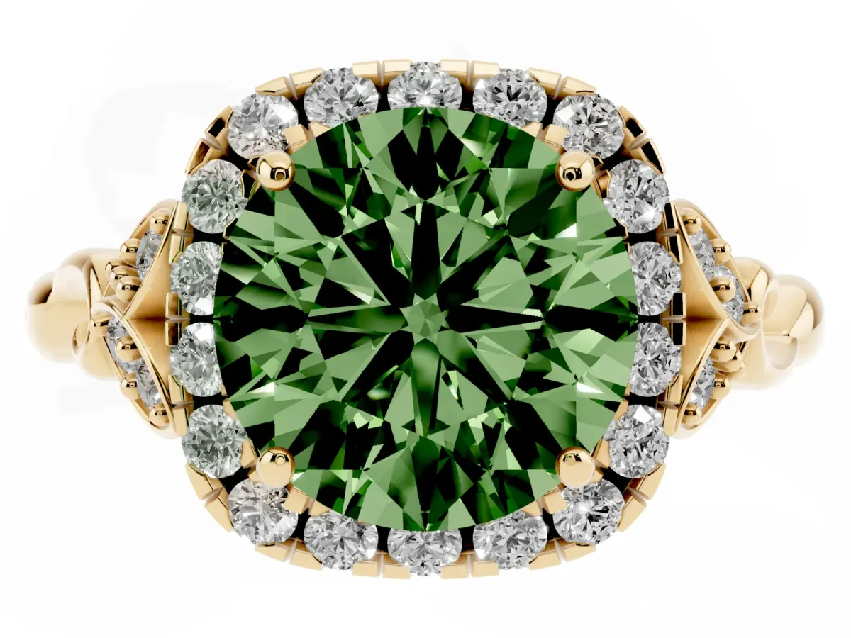 Fancy Green Round Cut Halo Diamond Engagement Ring with Vintage-Inspired Band and Four-Prong Setting Yellow gold