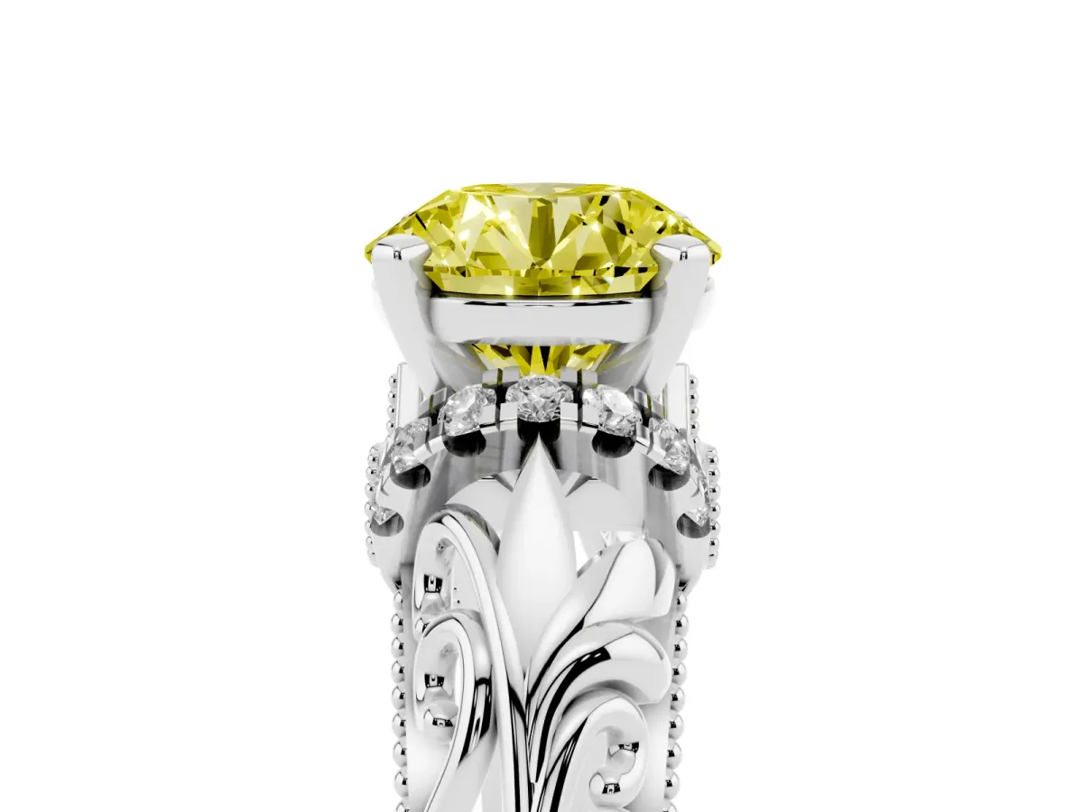 Fancy Yellow Round Cut Solitaire Filigree Engagement Ring with Halo and Prong Setting White gold