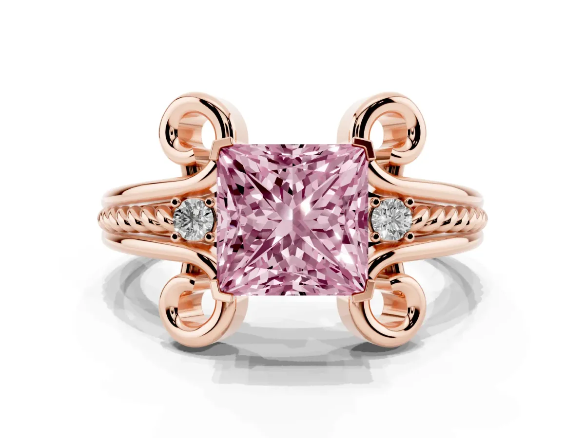 Fancy Pink Princess Cut Solitaire Twisted Band Scroll Prong Ring Rose gold