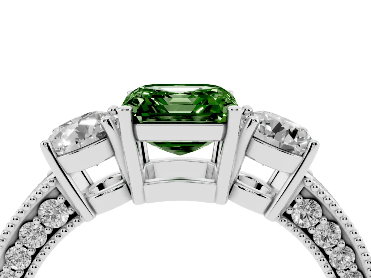 Fancy Green Asscher Cut Three-Stone Diamond Ring with Pavé Band and Four-Prong Setting Silver