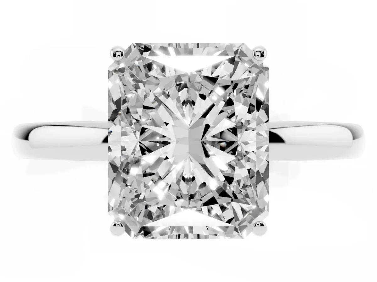 Radiant Cut Solitaire Diamond Ring with Prong Setting and Plain Band Silver