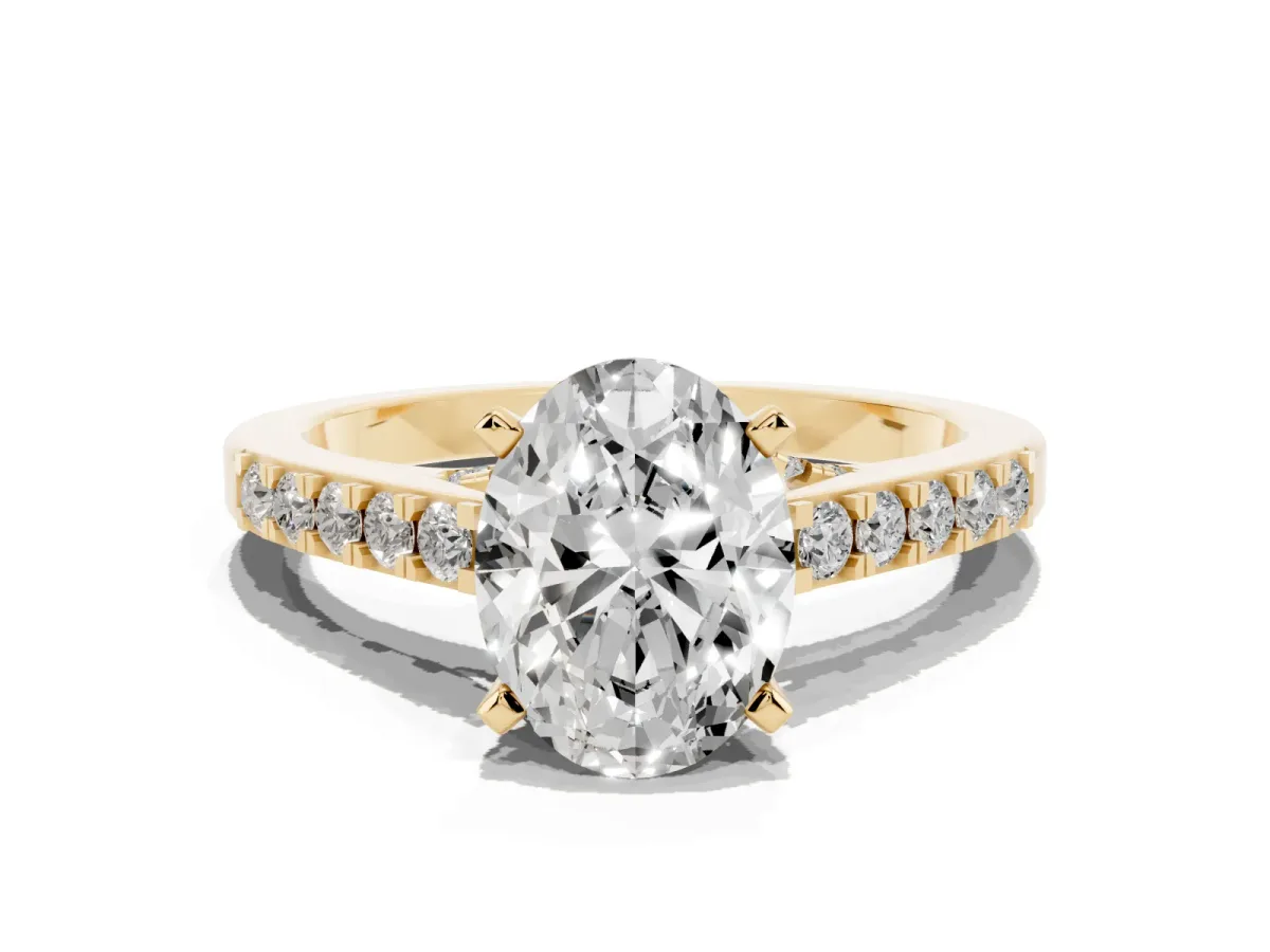 Oval Cut Diamond Solitaire Ring with Crossover Gallery and Round Pavé Band Yellow gold