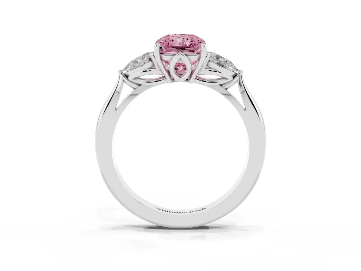 Fancy Pink Radiant Cut Diamond Three-Stone Ring with Pear Side Stones and Prong Setting Silver