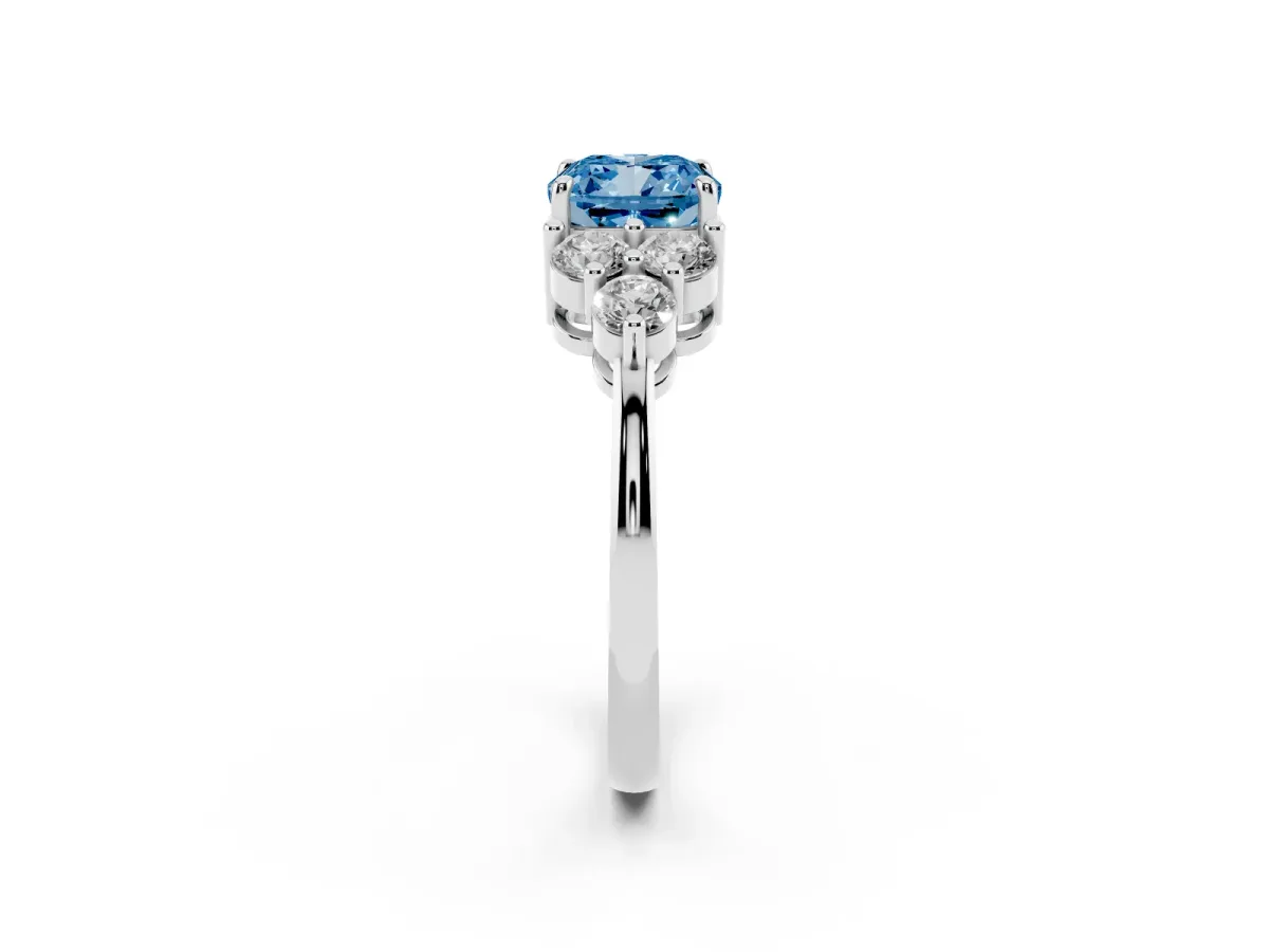 Fancy Blue Cushion Cut Brilliant Diamond Cluster Accent Solitaire Ring with Prong Setting Platinum