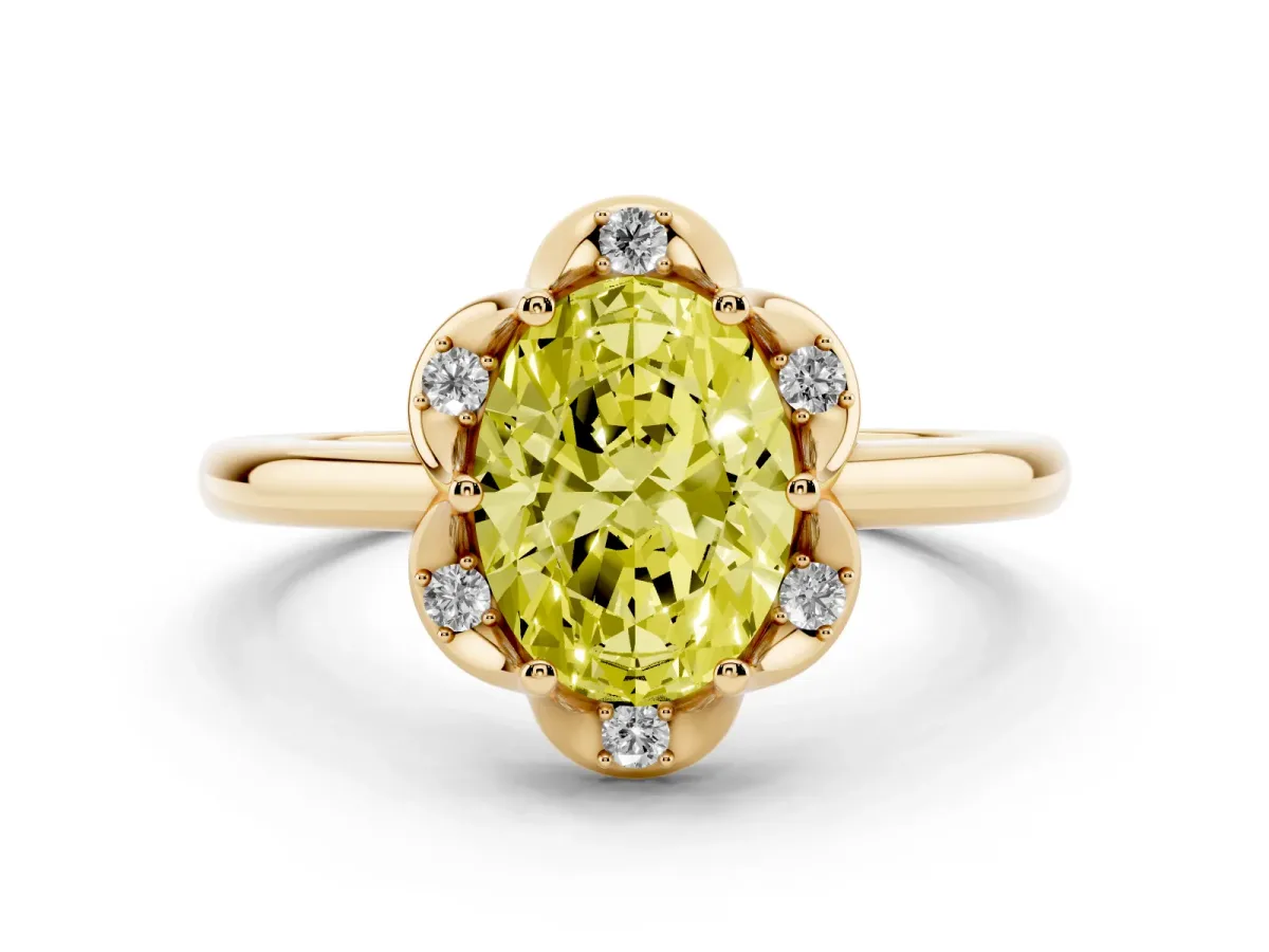 Fancy Yellow Oval Cut Halo Diamond Ring with Round Cluster Setting, Solitaire Band, and Four-Prong Setting Yellow gold