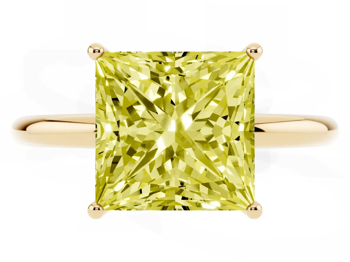 Fancy Yellow Princess Cut Solitaire Diamond Ring with a Classic Band and Four-Prong Setting Yellow gold