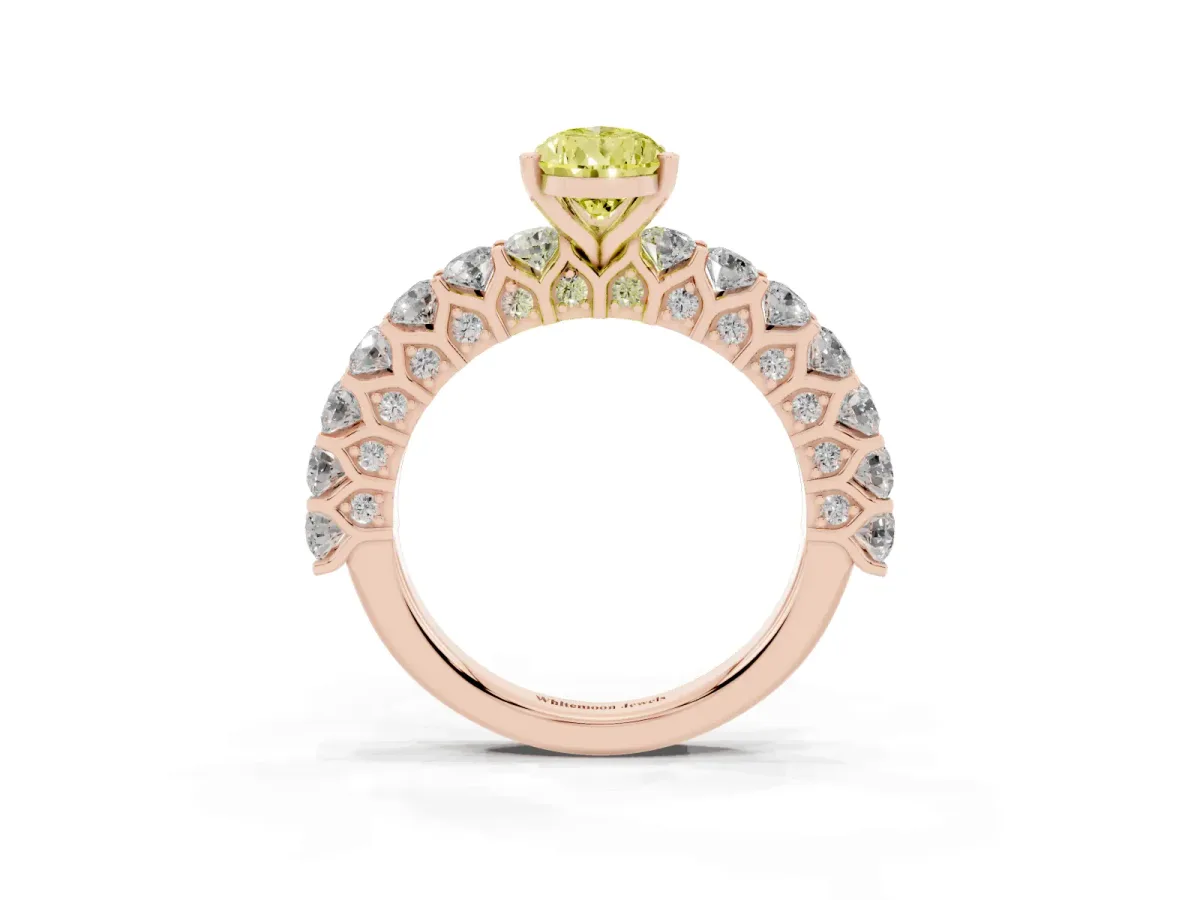 Fancy Yellow Pear Cut Diamond Solitaire Ring with Shared Prong Pavé Band and Four-Prong Setting Rose gold