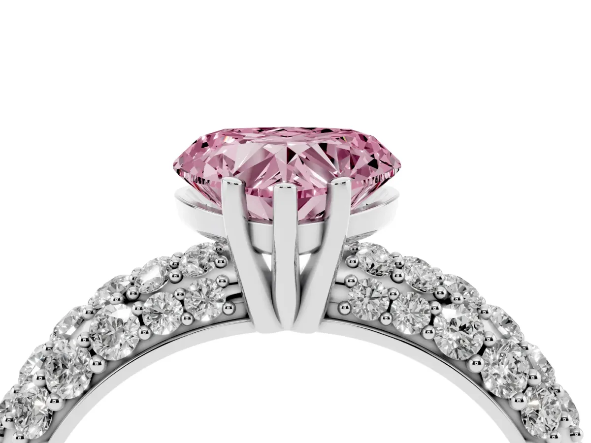 Fancy Pink Heart Cut Diamond Pavé Band Solitaire Ring with Four-Prong Setting White gold