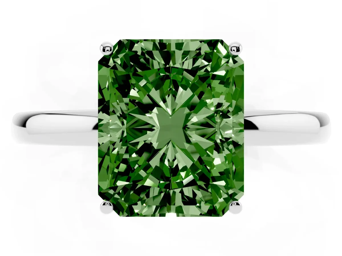 Fancy Green Radiant Cut Solitaire Diamond Ring with Prong Setting and Plain Band White gold