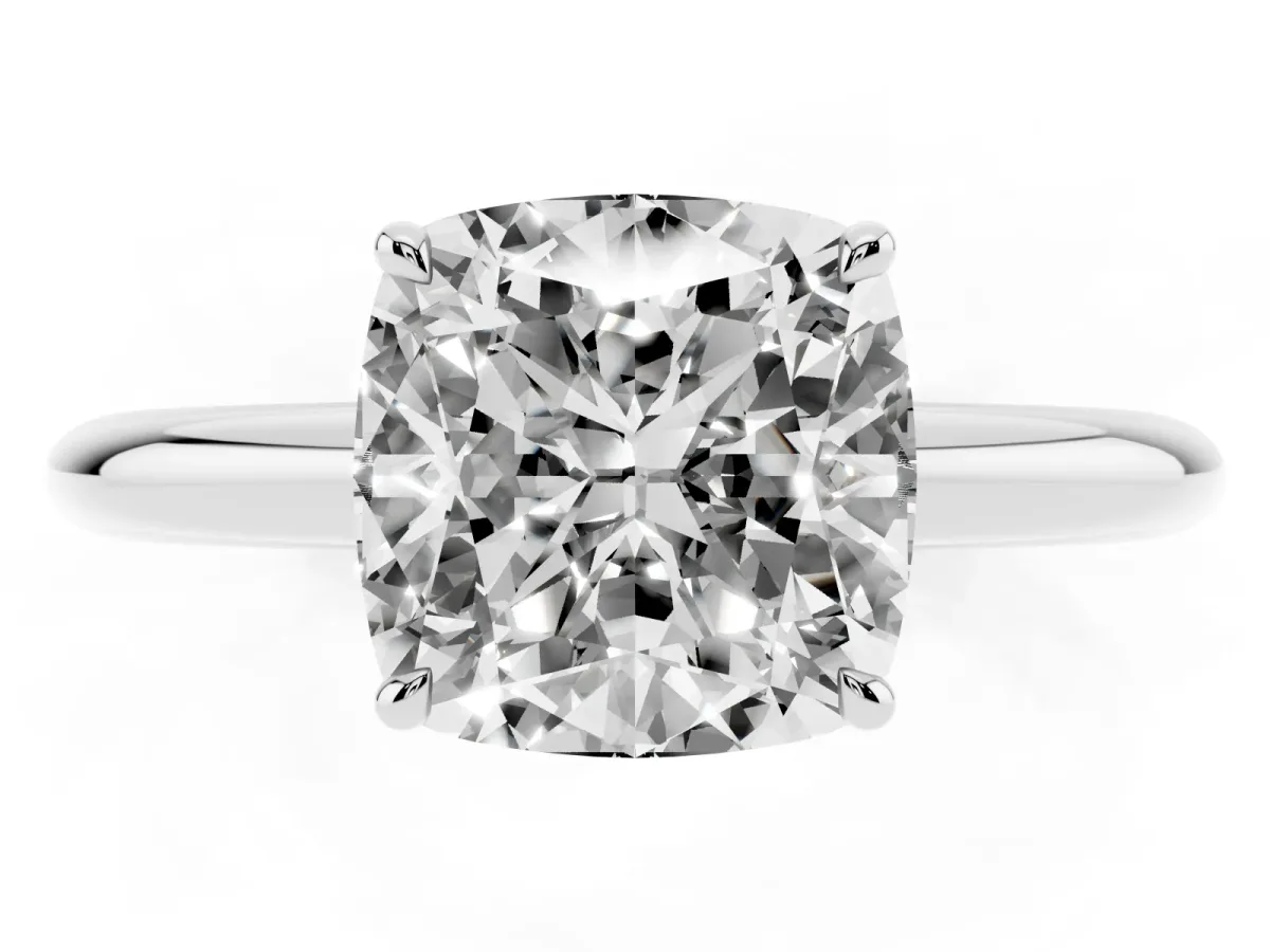 Cushion Cut Brilliant Solitaire Engagement Ring with Six-Prong Setting and Classic Band Silver