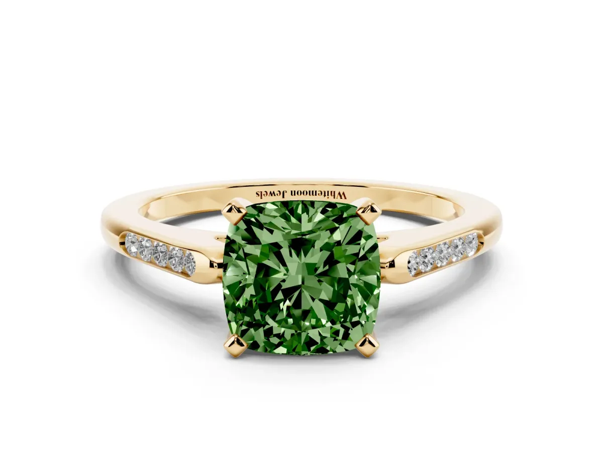 Fancy Green Cushion Cut Diamond Solitaire Ring with Channel Set Round Band and Prong Setting Yellow gold