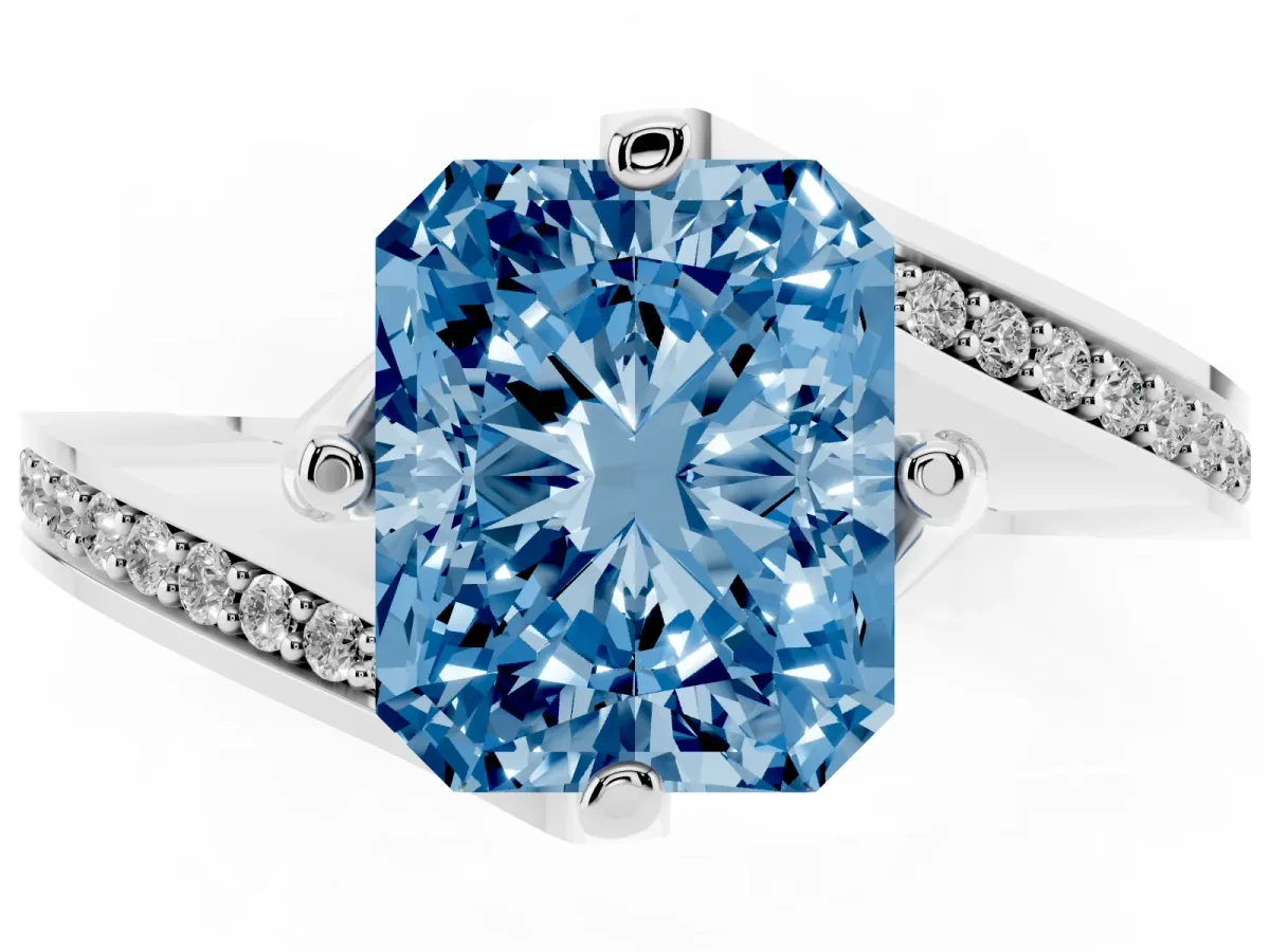 Fancy Blue Radiant Cut Solitaire Diamond Twist Band with Pavé Setting and Four-Prong Setting Silver
