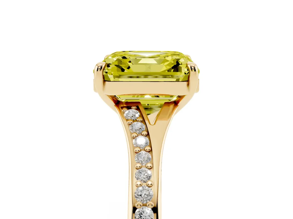 Fancy Yellow Asscher Cut Diamond Solitaire Ring with Pavé Band and Prong Setting Yellow gold