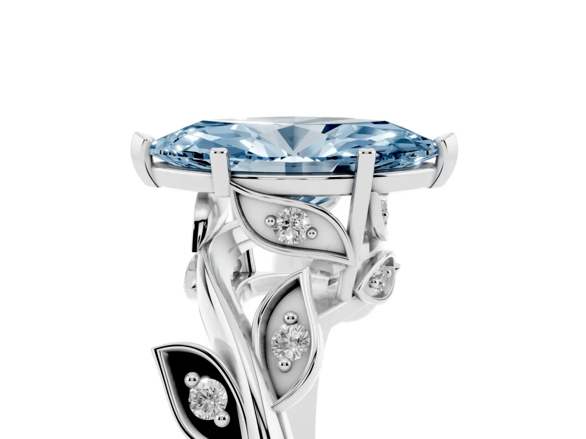 Fancy Blue Marquise Cut Solitaire Twist Engagement Ring with Leaf Accents and Prong Setting Platinum