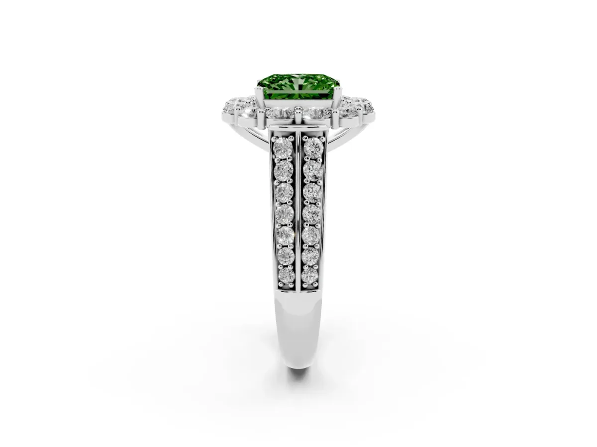 Fancy Green Radiant Cut Halo Diamond Engagement Ring with Split Shank and Prong Setting Silver