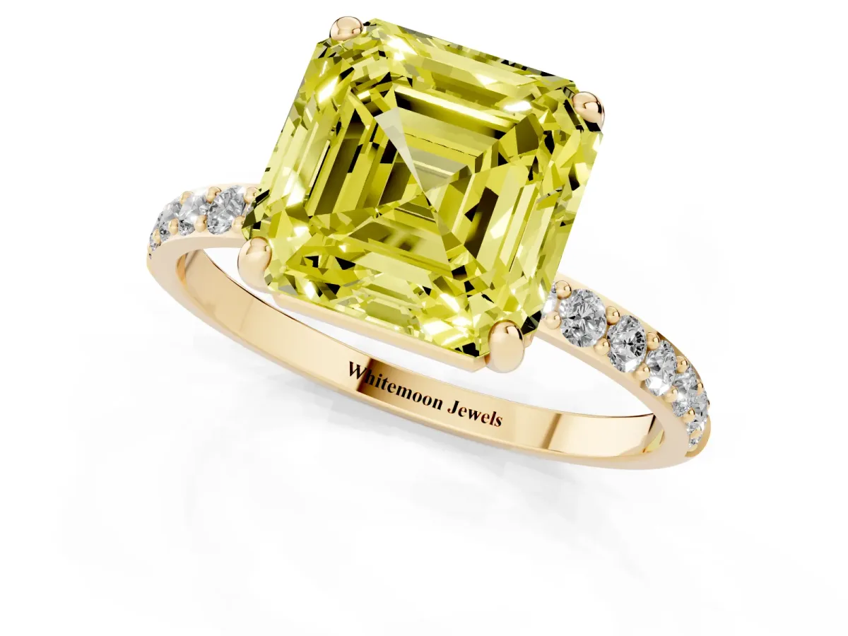 Fancy Yellow Asscher Cut Diamond Solitaire Ring with Round Pavé Band and Prong Setting Yellow gold